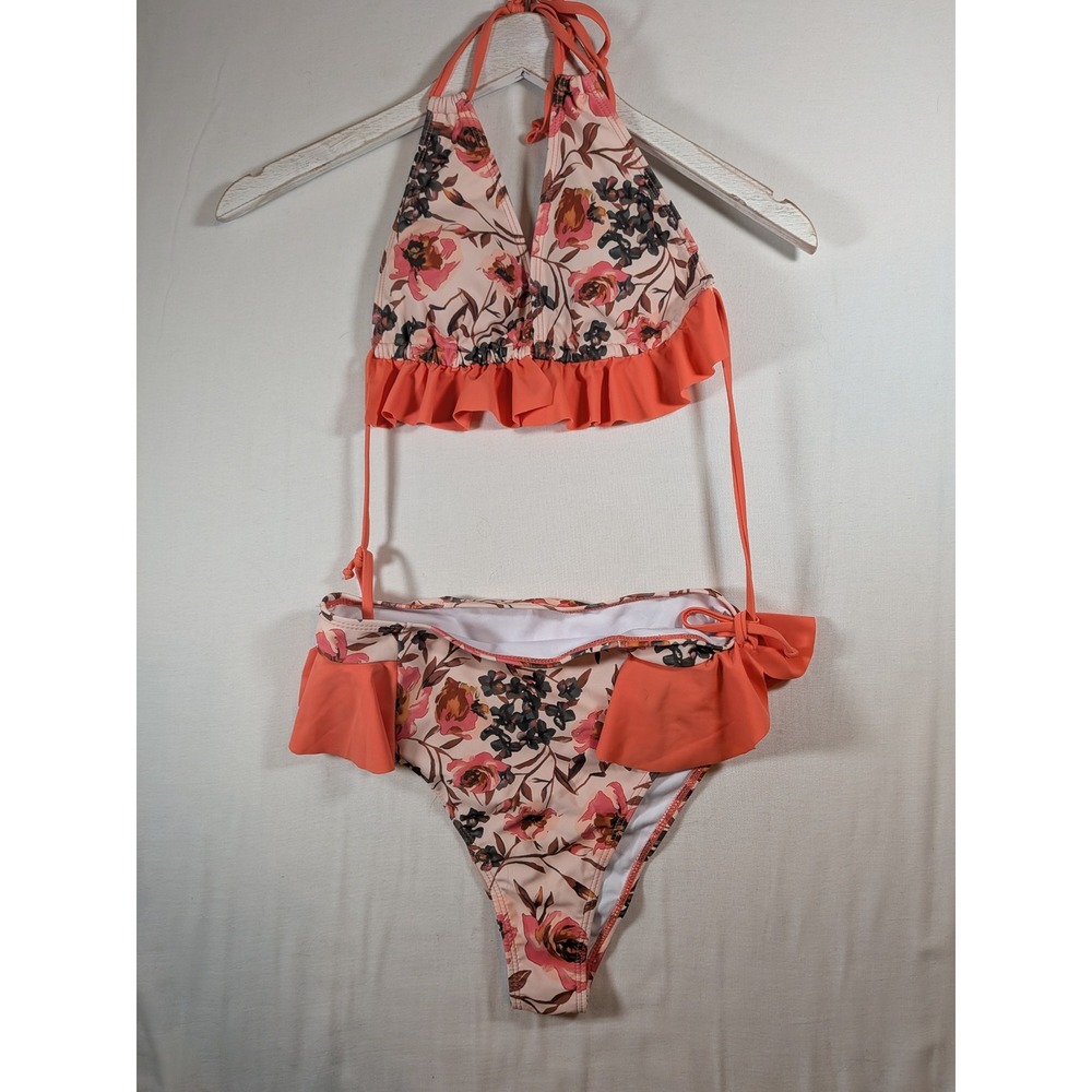 Floral Ruffle Bikini Set Halter Top High Cut Bottoms Peach Coral Two Piece